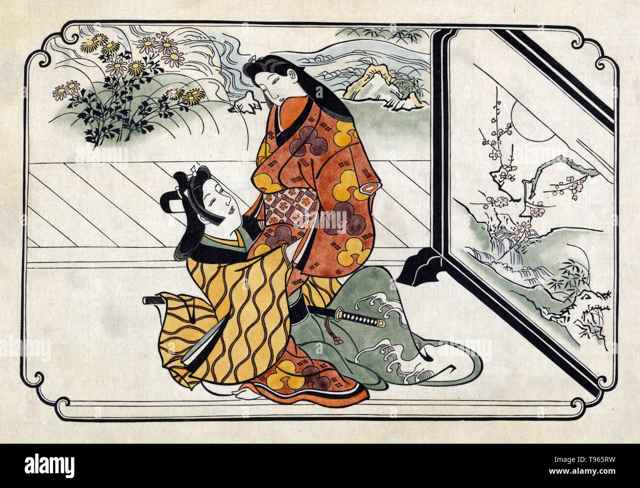 Two lovers embracing in front of a painted screen. Ukiyo-e (picture of the floating world) is a genre of Japanese art which flourished from the 17th through 19th centuries. Ukiyo-e was central to forming the West's perception of Japanese art in the late 19th century. From the 1870s Japonism became a prominent trend and had a strong influence on the early Impressionists, as well as Post-Impressionists and Art Nouveau artists. Stock Photo