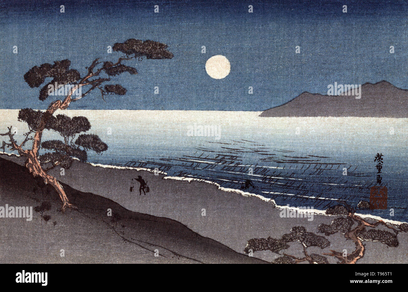 A fairy moon and a lonely shore. Shows a man with a shoulder pole walking along a moonlite shore. The term fairy moon (black moon) refers to an additional new moon that appears in a month or in a season. It may also refer to the absence of a full moon or of a new moon in a month. Since ancient times the Japanese have contemplated the combination of snow, flowers, moon, and the beauties of nature. Stock Photo