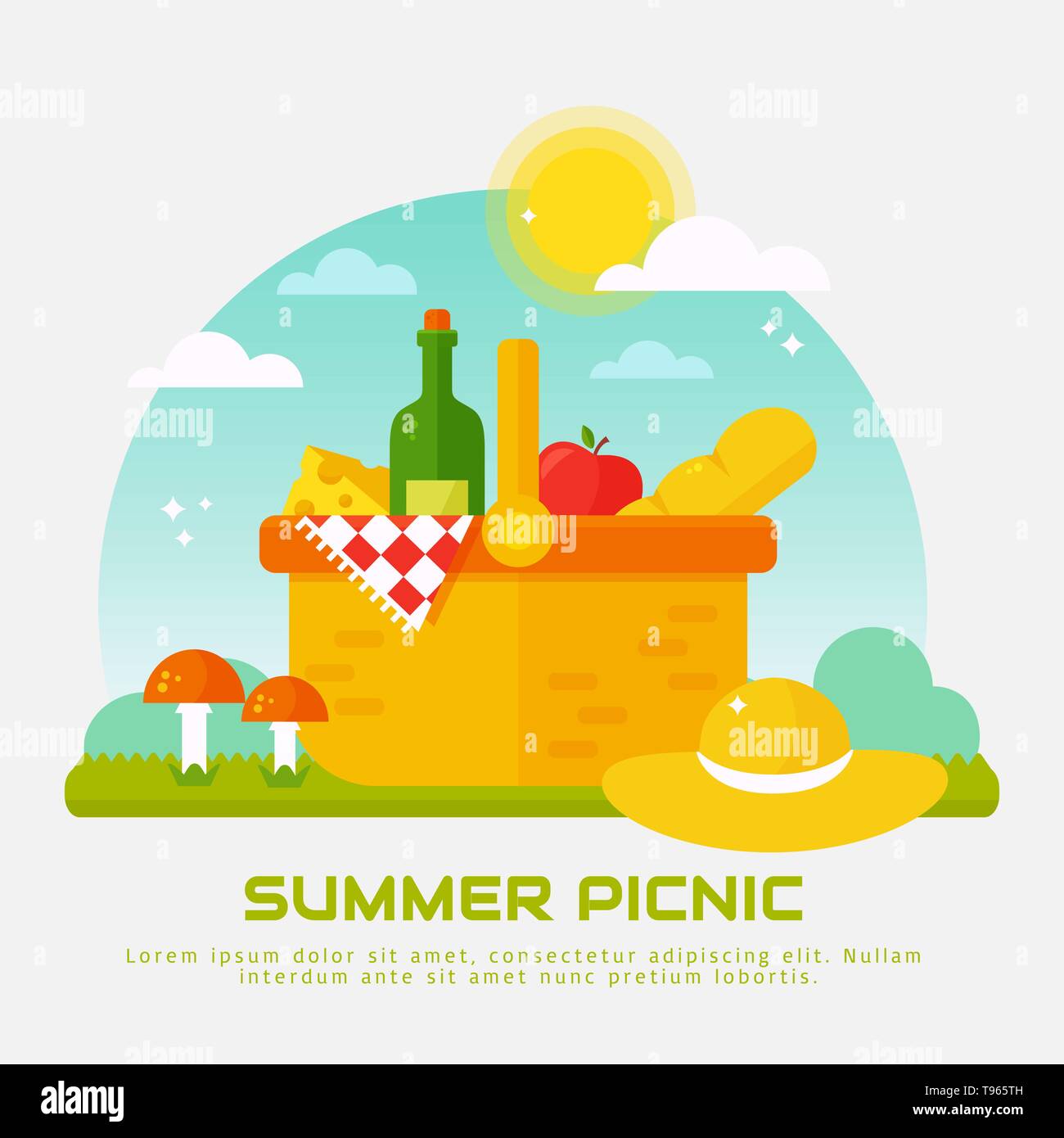 Summer picnic in nature. Vector banner. Basket with wine, cheese, bread, apple, hat and checkered blanket. Natural background with mushrooms, sky and  Stock Vector