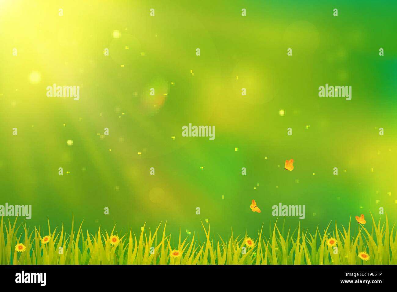 Sunny summer or spring background. Blurred abstract design with green grass, flowers, butterflies and sunlight. Vector. Stock Vector