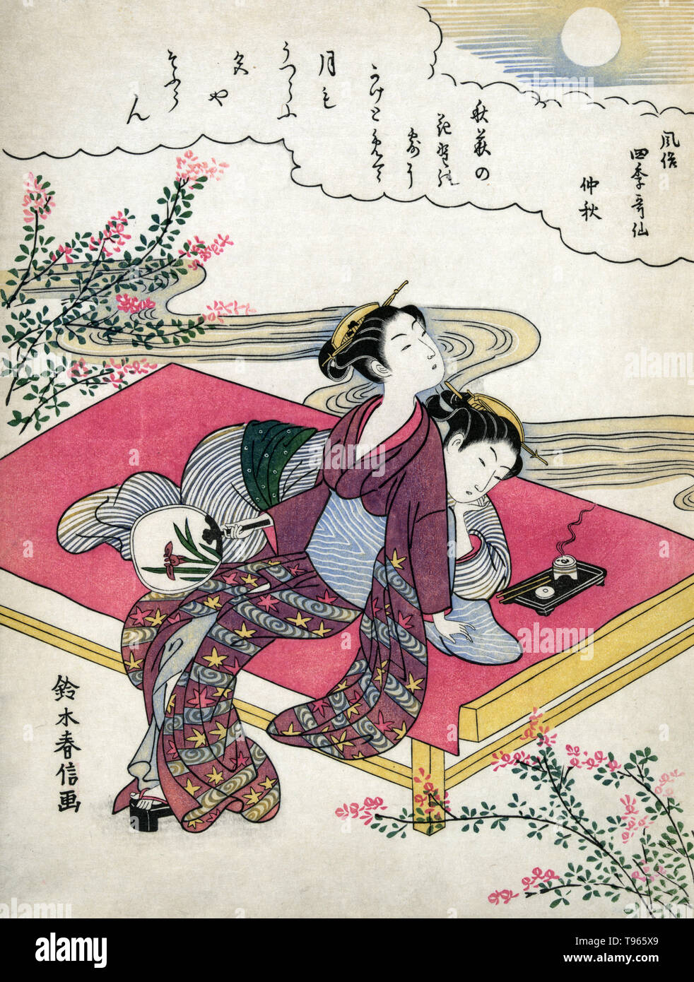 Chushu. Mid-Autumn. Shows two women, one sitting, the other reclining, on a bench between blossoming plants and beneath a full moon. Since ancient times the Japanese have contemplated the combination of snow, flowers, moon, and the beauties of nature. And not only have they contemplated such scenes, they've also made them favored themes for paintings and poetry. The symbolic meaning of the moon is closely tied to the act of rejuvenation. Stock Photo