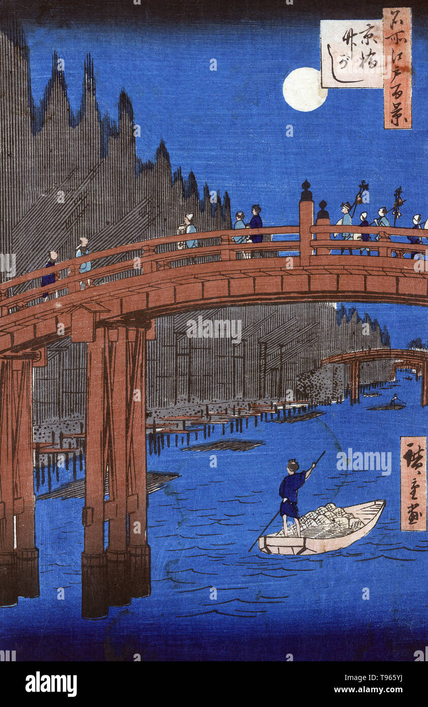 Kyobashi takegashi. Bamboo yards, Kyobashi. Print shows pedestrians crossing the Kyo Bridge as a man poles a boat on the river below, with long pieces of bamboo along the bank on the left, and a full moon overhead. Since ancient times the Japanese have contemplated the combination of snow, flowers, moon, and the beauties of nature. And not only have they contemplated such scenes, they've also made them favored themes for paintings and poetry. Stock Photo