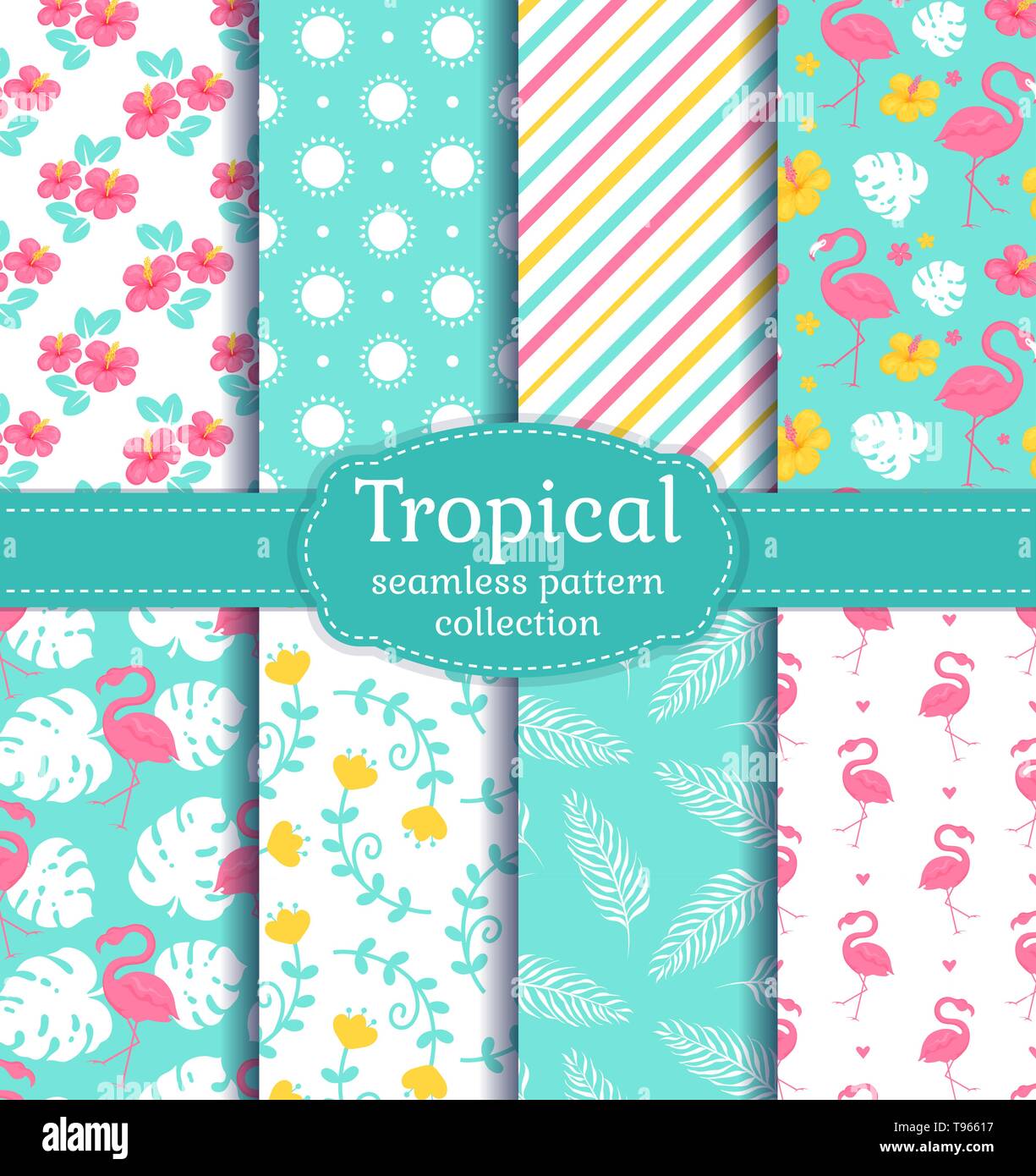 Tropical seamless backgrounds with flamingos, leaves, flowers and abstract patterns. Vector set. Stock Vector