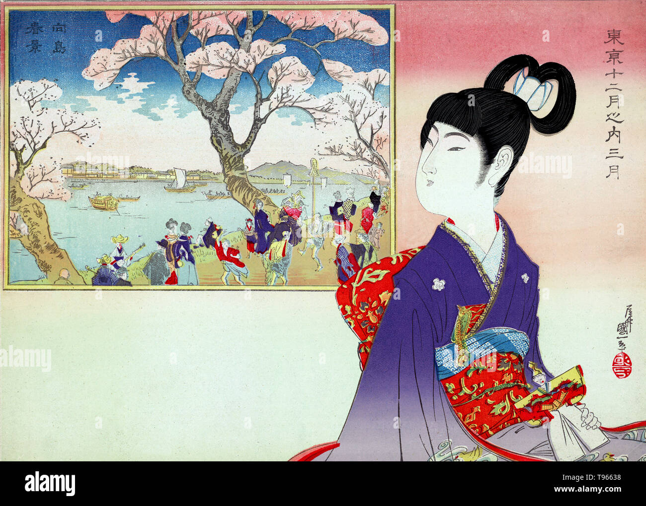The small landscape depicted celebrates Mukojima situated on the east bank of the Sumida River. This is still a famous destination for viewing the cherry blossom trees that were first planted there by Shogun Tokugawa Yoshimune (1684-1751). The fashionable young girl in the foreground is holding what is likely an emperor doll associated with the March 3rd Hinamatsuri or Girls Day festival. Kunikazu was a student of Utagawa Kunimasa and the oldest of three artist brothers. Stock Photo