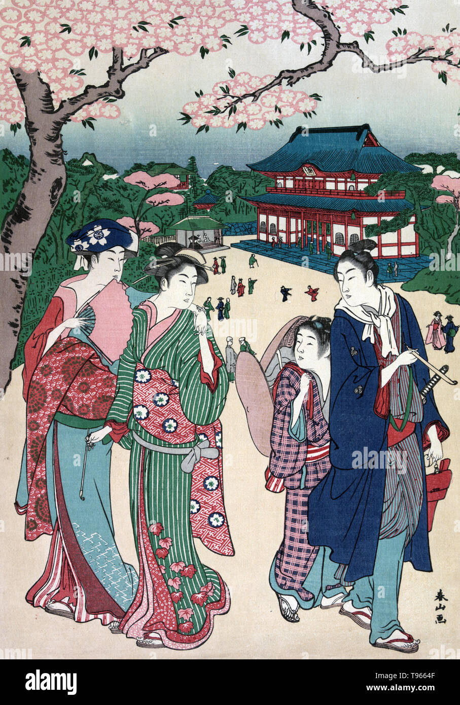 Ueno no hanami. Cherry blossom viewing at Ueno.  Print shows a man, two women, and a young child viewing cherry blossoms. A cherry blossom (commonly known in Japan as sakura) is the flower of any of several trees of genus Prunus, particularly the Japanese cherry, Prunus serrulata. Stock Photo