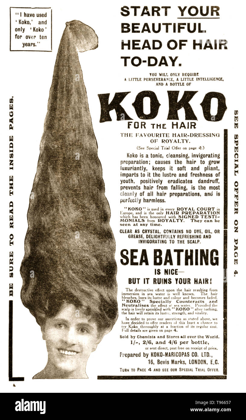 Leaflet advertising Koko shampoo from 1909. It would probably have been inserted in a popular magazine. Koko for the hair was made in London, England by a firm called Koko Maricopas Ltd. It first became available around 1888 and was still being sold in 1915. Stock Photo