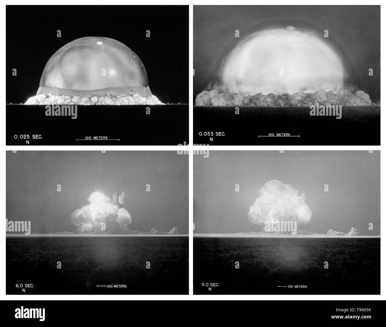 Trinity was the code name of the first detonation of a nuclear device. This test was conducted by the United States Army on July 16, 1945, in the Jornada del Muerto desert about 35 miles southeast of Socorro, New Mexico, at the new White Sands Proving Ground, which incorporated the Alamogordo Bombing and Gunnery Range. The date of the test is usually considered to be the beginning of the Atomic Age. Trinity was a test of an implosion-design plutonium device. Stock Photo