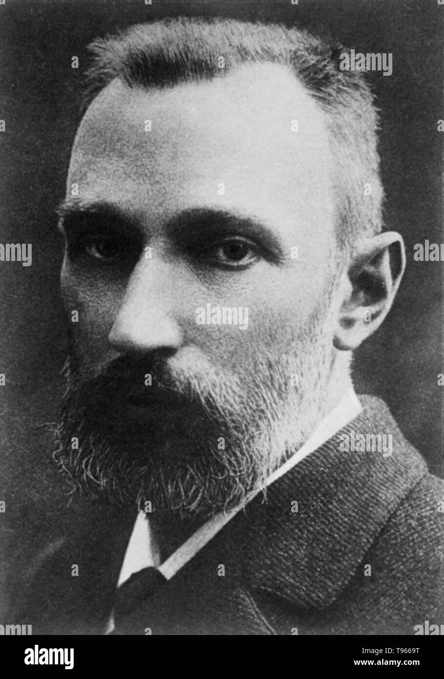 Pierre Curie (May 15, 1859 - April 19, 1906) ) was a French Nobel laureate physicist, a pioneer in crystallography, magnetism, piezoelectricity and radioactivity. In 1903 he received the Nobel Prize in Physics with his wife, Marie Salomea Sklodowska-Curie, and Henri Becquerel. He studied ferromagnetism, paramagnetism, and diamagnetism for his doctoral thesis, and discovered the effect of temperature on paramagnetism which is now known as Curie's law. Stock Photo