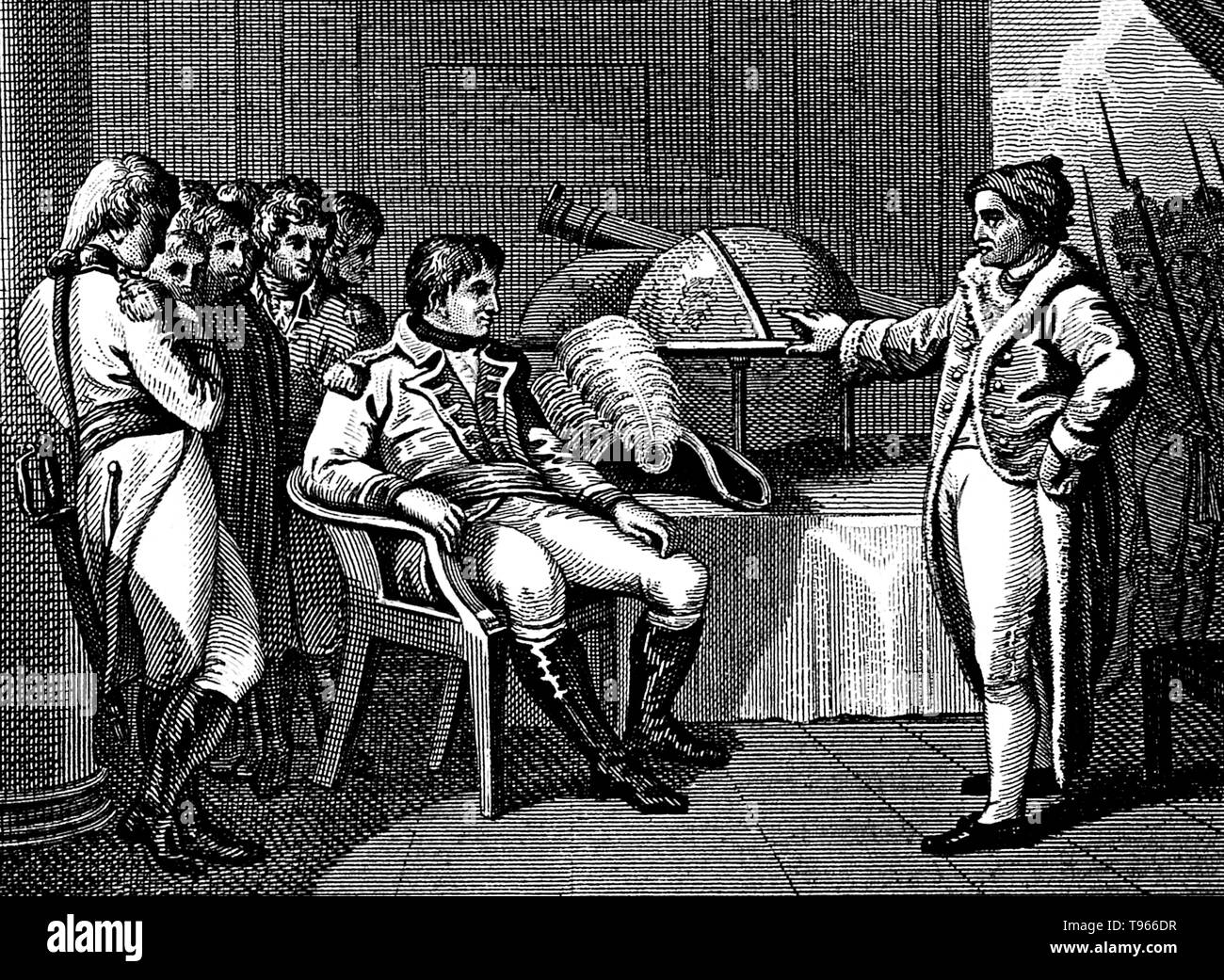 Napoleon listening to an astronomer in Milan. The Kingdom of Italy (1805-1814) was a French client state founded in Northern Italy by Napoleon I, fully influenced by revolutionary France, that ended with his defeat and fall.  Napoleon Bonaparte (August 15, 1769 - May 5, 1821) was a French military and political leader during the latter stages of the French Revolution. As Napoleon I, he was Emperor of the French from 1804 to 1815. Stock Photo