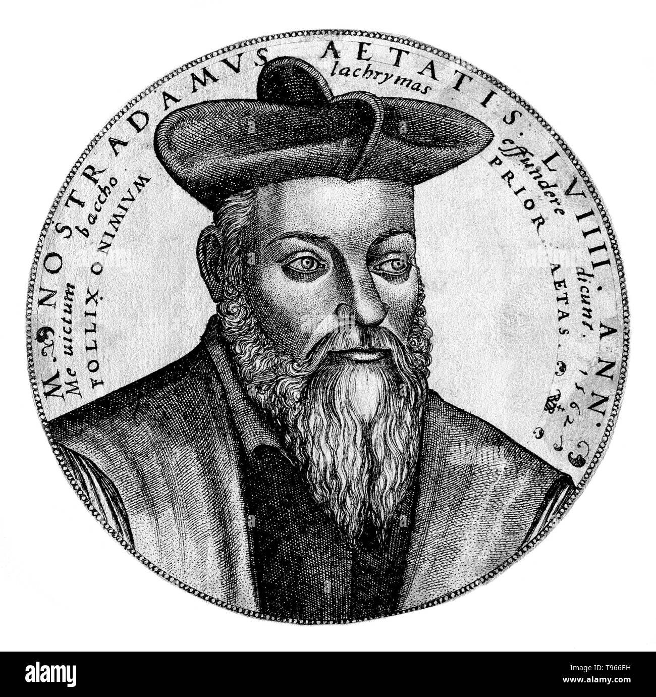 Michel de Nostredame AKA Nostradamus (December 14 or 21 1503 - July 2, 1566) was a French apothecary and reputed seer. He wrote an almanac for 1550 and, as a result of its success, continued writing them for future years as he began working as an astrologer for various wealthy patrons. His Les Propheties, a collection of 942 poetic quatrains predicting future events. His book, first published in 1555, has rarely been out of print since his death. Stock Photo