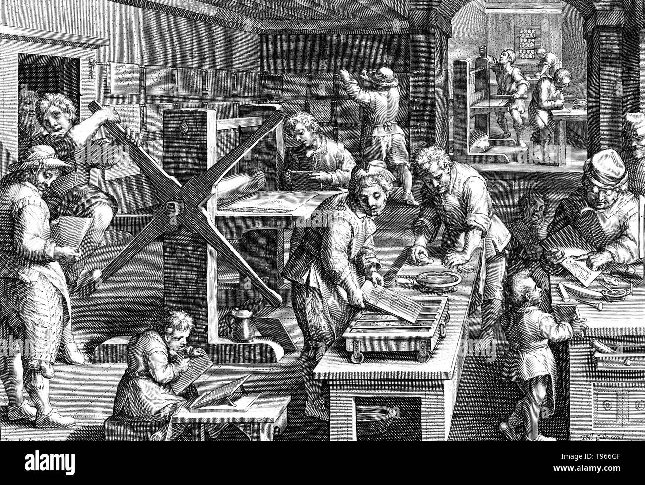 PLATE 19. The Invention of Copper Engraving. Nineteenth plate from a print series entitled Nova Reperta (New Inventions of Modern Times) consisting of a title page and 19 plates, engraved by Jan Collaert I, after Jan van der Straet, called Stradanus, and published by Philips Galle. Illustration of men making copper engravings. Stock Photo