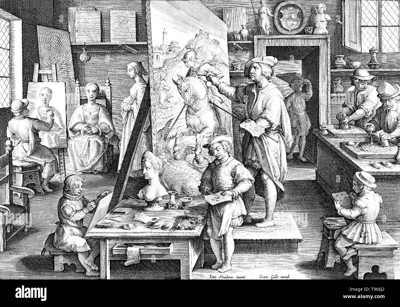 PLATE 14. The Invention of Oil Painting. Fourteenth plate from a print series entitled Nova Reperta (New Inventions of Modern Times) consisting of a title page and 19 plates, engraved by Jan Collaert I, after Jan van der Straet, called Stradanus, and published by Philips Galle. Illustration of a painter's workshop. Stock Photo