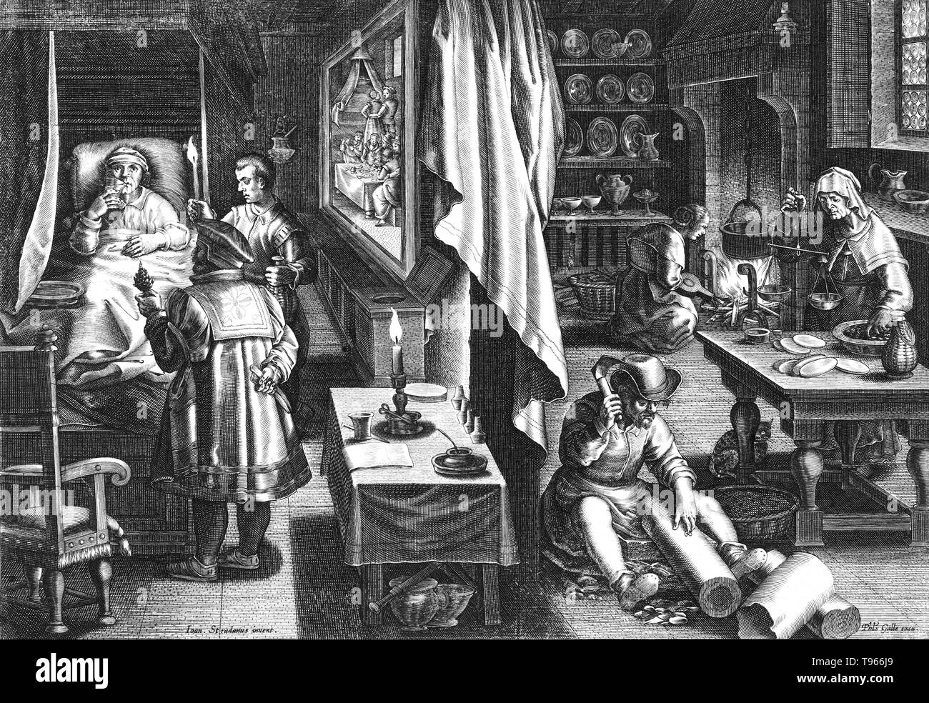 PLATE 6. The Discovery of Guaiacum as a Cure for Venereal Infection, Sixth plate from a print series entitled Nova Reperta (New Inventions of Modern Times) consisting of a title page and 19 plates, engraved by Jan Collaert I, after Jan van der Straet, called Stradanus, and published by Philips Galle. Illustration of two rooms, each containing different occupants performing diverse tasks. On the left side an elderly man is depicted ill in bed while two men attend to him. Stock Photo