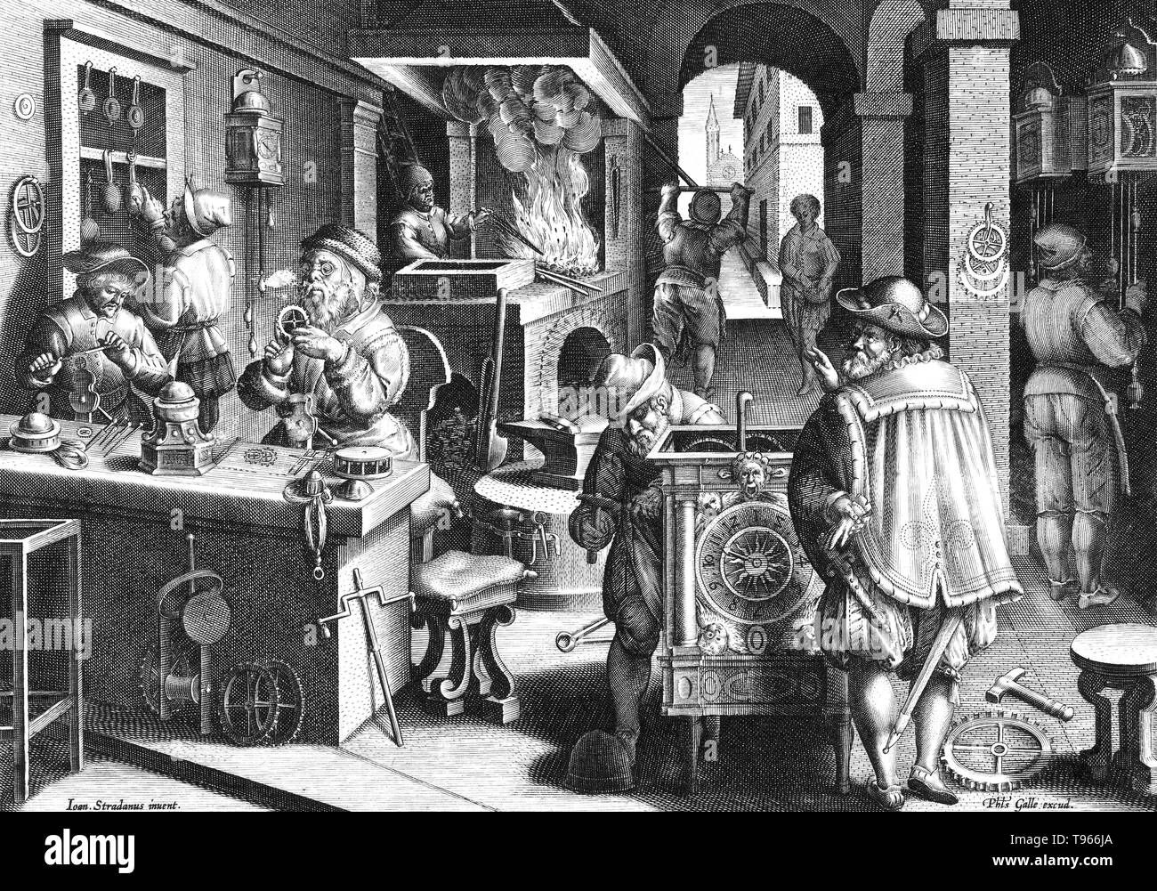 PLATE 5. The Invention of the Clockwork. Fifth plate from a print series entitled Nova Reperta (New Inventions of Modern Times) consisting of a title page and 19 plates, engraved by Jan Collaert I, after Jan van der Straet, called Stradanus, and published by Philips Galle. Illustration of a clockmaker's workshop. In the middle ground on the left a man heats metal over the fire, and on the right a man examines the weight-driven clocks on the wall. Stock Photo