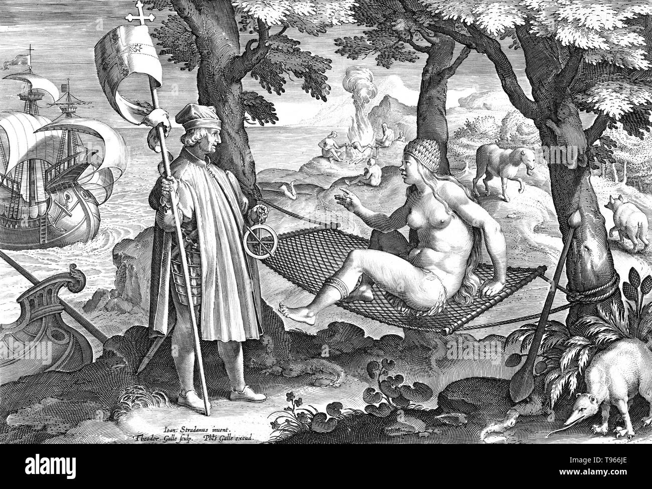 PLATE 1. The Discovery of America. First plate from a print series entitled Nova Reperta (New Inventions of Modern Times) consisting of a title page and 19 plates, engraved by Jan Collaert I, after Jan van der Straet, called Stradanus, and published by Philips Galle. Illustration of a sailor (Vespucci) coming to shore and discovering America. He encounters a native woman seated in a hammock. Stock Photo