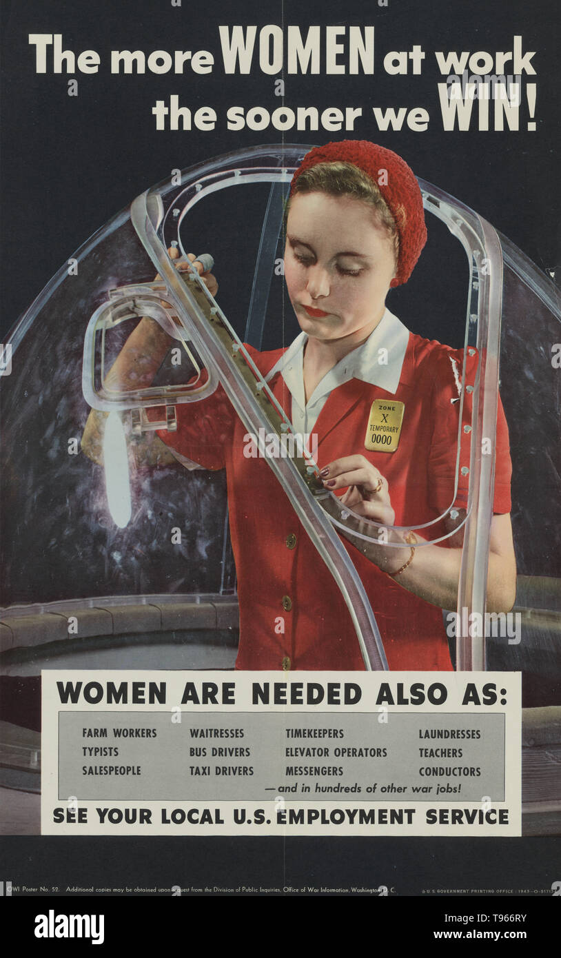 The more women at work the sooner we win! See your local U.S. Employment Service. Woman working in an airplane factory. Although the image of 'Rosie the Riveter' reflected the industrial work of welders and riveters, the majority of working women filled non-factory positions in every sector of the economy. What unified the experiences of these women was that they proved to themselves, and the country, that they could do a man's job and could do it well. Photographed by Alfred T. Palmer, 1942. Stock Photo