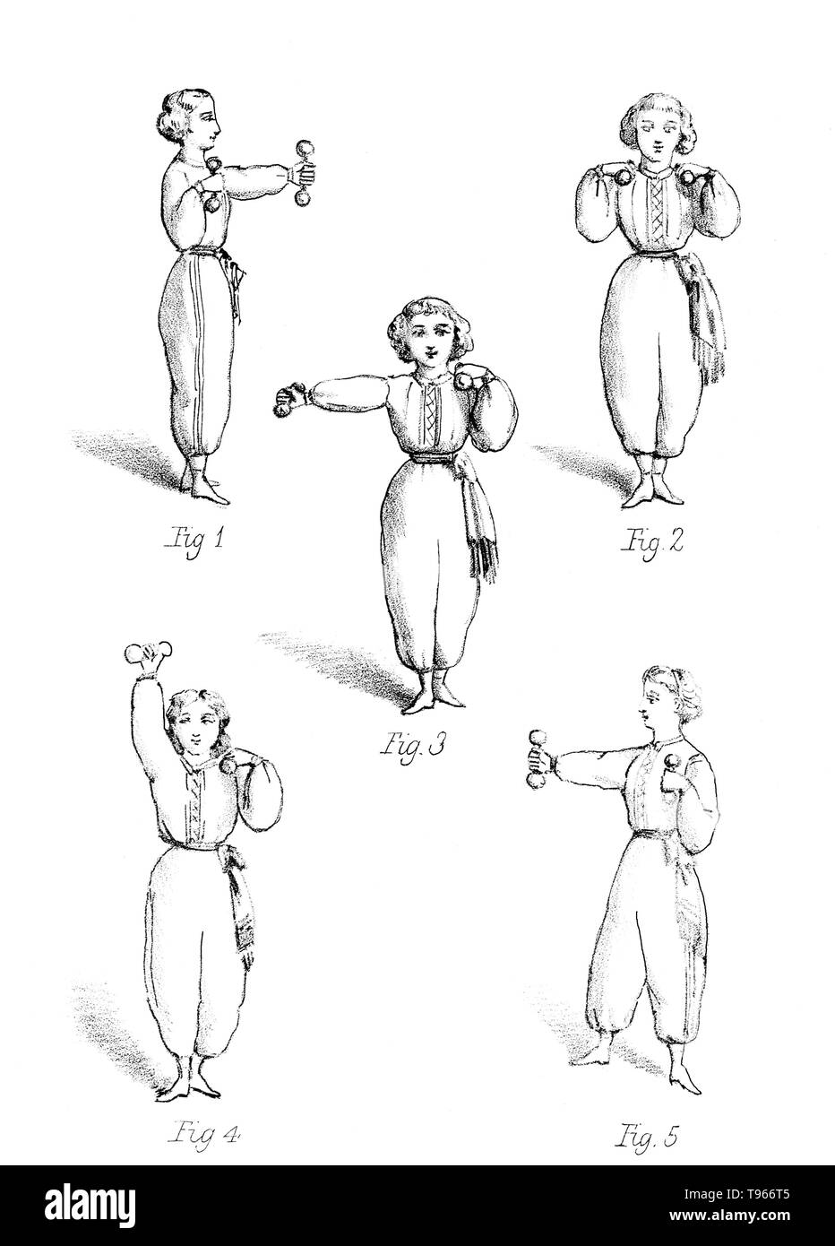 Gymnastics for ladies: a treatise on the science and art of calisthenic and gymnastic exercises by Madame Brenner. The model in this illustration is exercising with Dumb-Bells. The dumbbell, a type of free weight, is a piece of equipment used in weight training. It can be used individually or in pairs, with one in each hand. Stock Photo