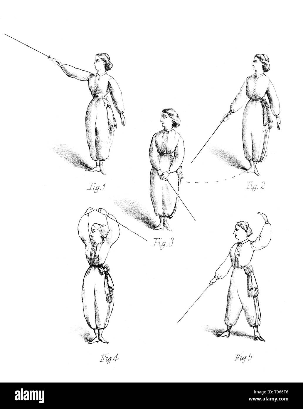 Gymnastics for ladies: a treatise on the science and art of calisthenic and gymnastic exercises by Madame Brenner. The model in this illustration is exercising with a sword-type piece of equipment called the Foil. Stock Photo