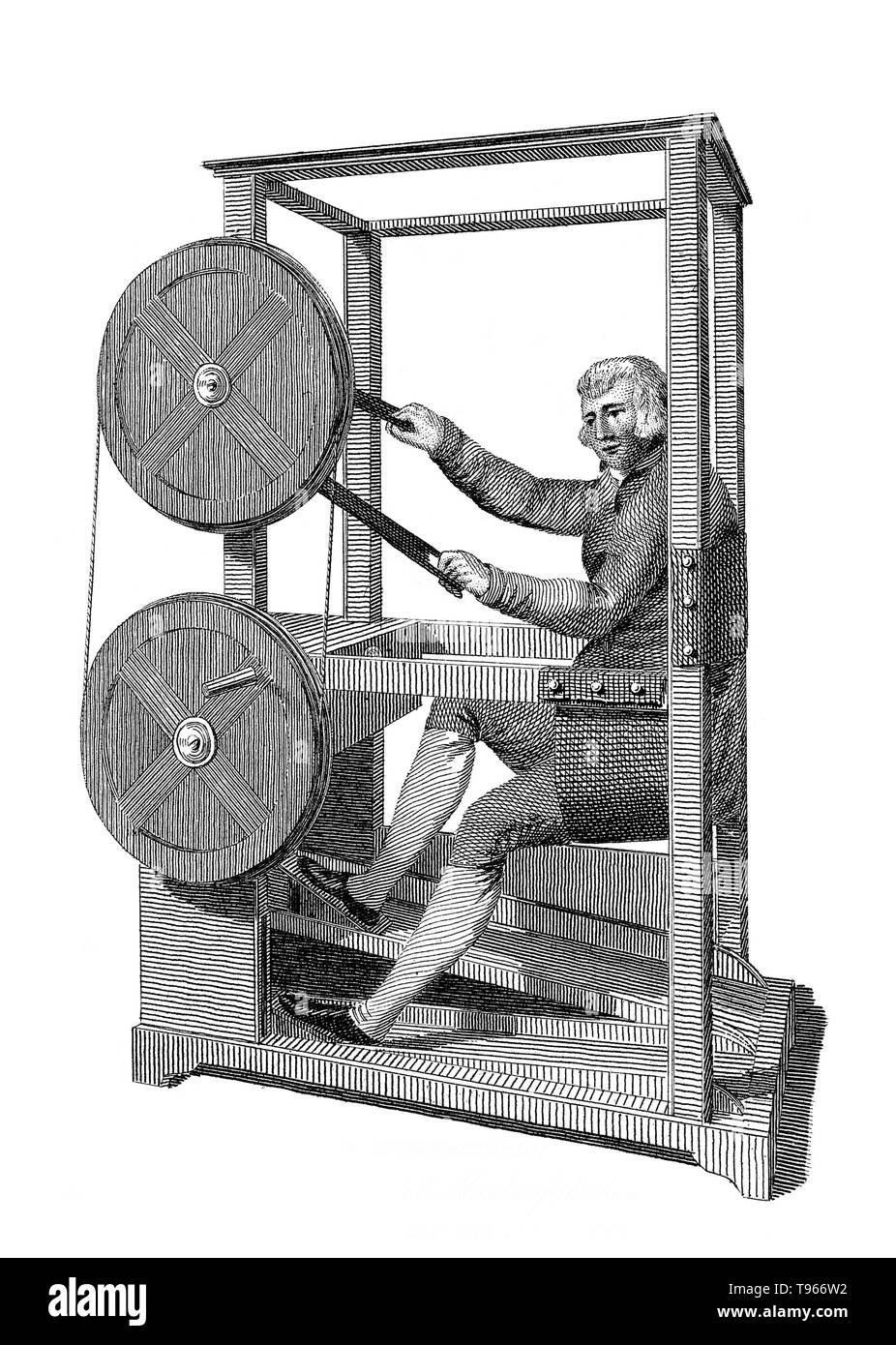 The Gymnasticon was an early exercise machine resembling a stationary bicycle, invented in 1796 by Francis Lowndes. In his patent, Lowndes described the machine as intended simply to give and apply motion and exercise, voluntary or involuntary, to the limbs, joints, and muscles of the human body. The Gymnasticon depended on a set of flywheels that connected the wooden treadles for the feet to cranks for the hands, which could drive each other or operate independently. Stock Photo