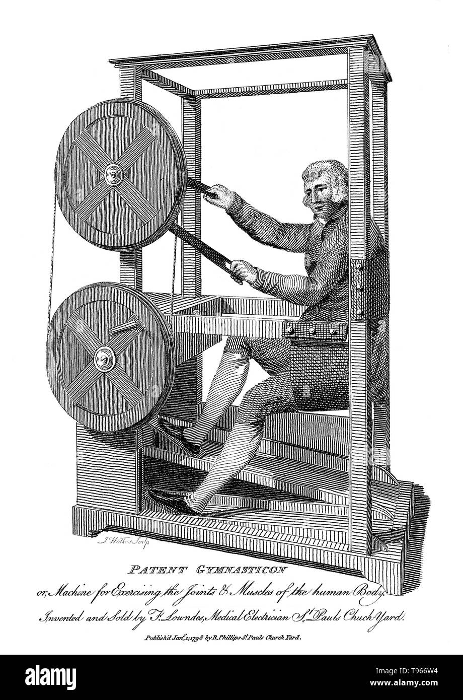 The Gymnasticon was an early exercise machine resembling a stationary bicycle, invented in 1796 by Francis Lowndes. In his patent, Lowndes described the machine as intended simply to give and apply motion and exercise, voluntary or involuntary, to the limbs, joints, and muscles of the human body. The Gymnasticon depended on a set of flywheels that connected the wooden treadles for the feet to cranks for the hands, which could drive each other or operate independently. Stock Photo