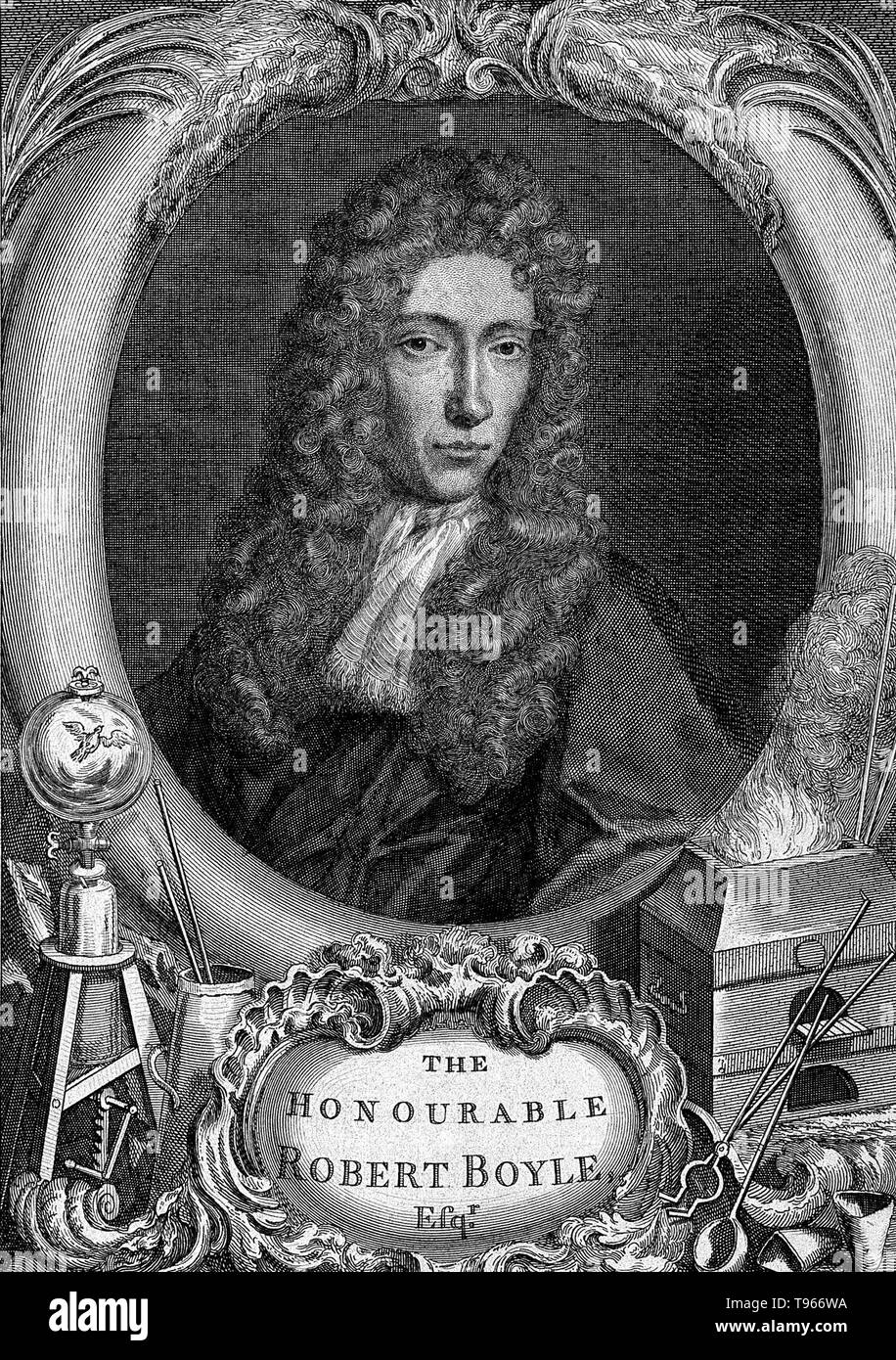 Robert Boyle (January 25, 1627 - December 31, 1691) was an Irish natural philosopher, chemist, physicist and inventor. He is regarded today as the first modern chemist, and one of the pioneers of modern experimental scientific method. He died in 1691 at the age of 64. Portrait by Frederic Kerseboom, undated. Stock Photo