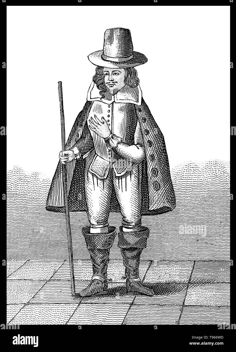 Matthew Hopkins (1620 - August 12, 1647) was an English witchhunter. He claimed to hold the office of Witchfinder General, although that title was never bestowed by Parliament. His witch-finding career began in March 1644 and lasted until his retirement in 1647. Hopkins is believed to have been responsible for the deaths of 300 women.  He died in 1647, probably of pleural tuberculosis, at the age of 27. No artist credited. Stock Photo