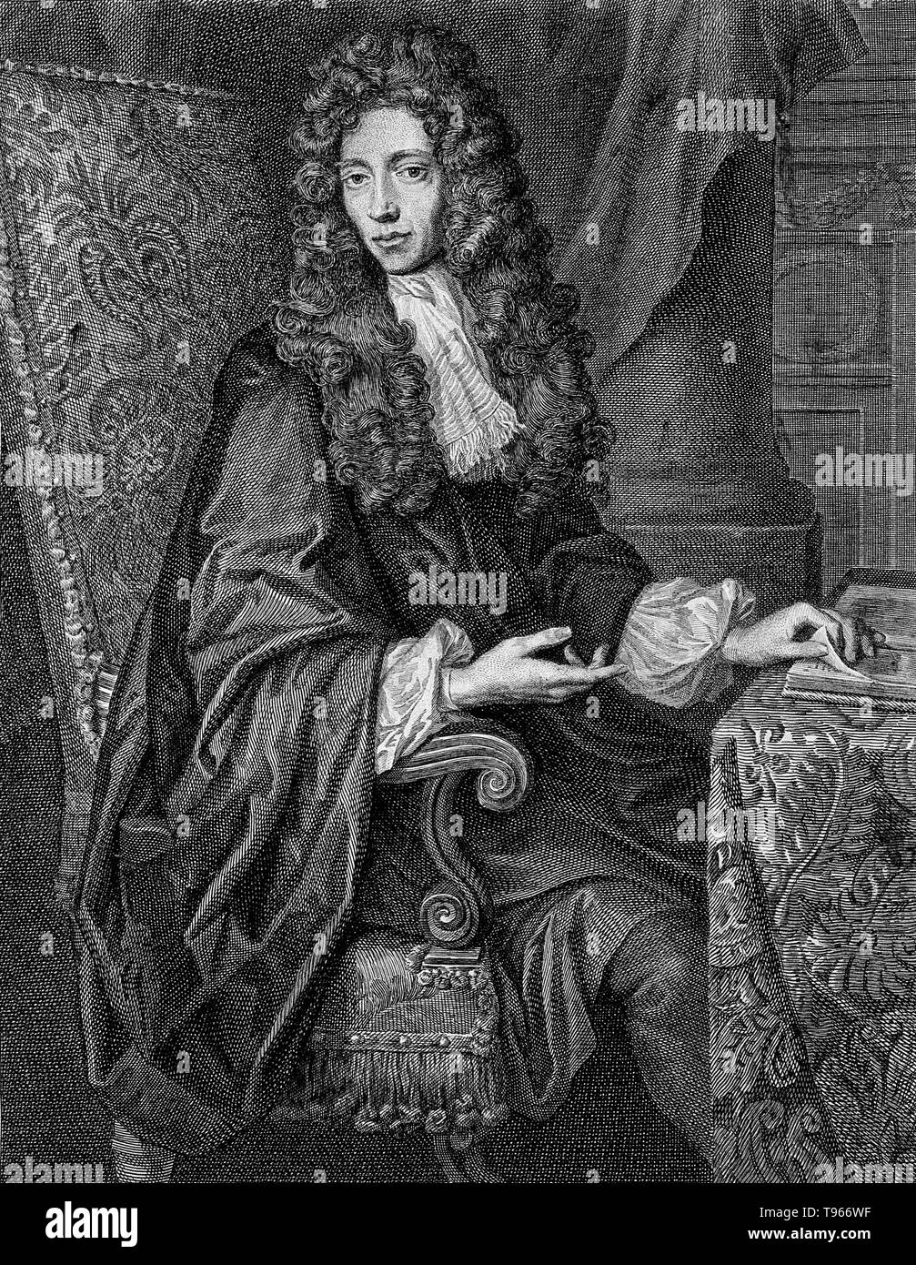 Robert Boyle (January 25, 1627 - December 31, 1691) was an Irish natural philosopher, chemist, physicist and inventor. He is regarded today as the first modern chemist, and one of the pioneers of modern experimental scientific method. Among his works, The Sceptical Chymist, published in 1661, is seen as a cornerstone book in the field of chemistry. He was a devout and pious Anglican and is noted for his writings in theology. He died in 1691 at the age of 64. Stock Photo