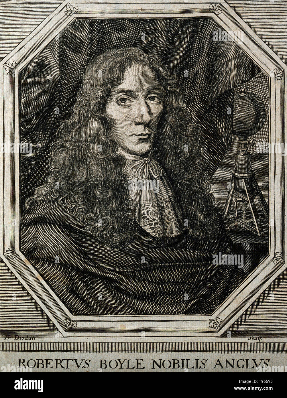 Robert Boyle (1627-1691) was an Irish natural philosopher, chemist, physicist and inventor. He is regarded today as the first modern chemist, and one of the pioneers of modern experimental scientific method.  The Sceptical Chymist, published in 1661, is seen as a cornerstone book in the field of chemistry. He was a devout and pious Anglican and is noted for his writings in theology. Engraving by William Faithorne, 1680. Stock Photo