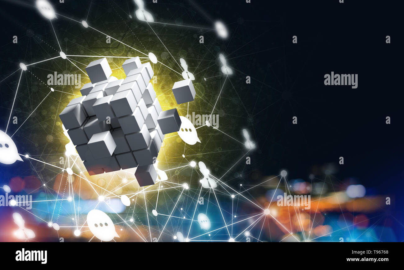 Concept of Internet and networking with digital cube figure on dark ...