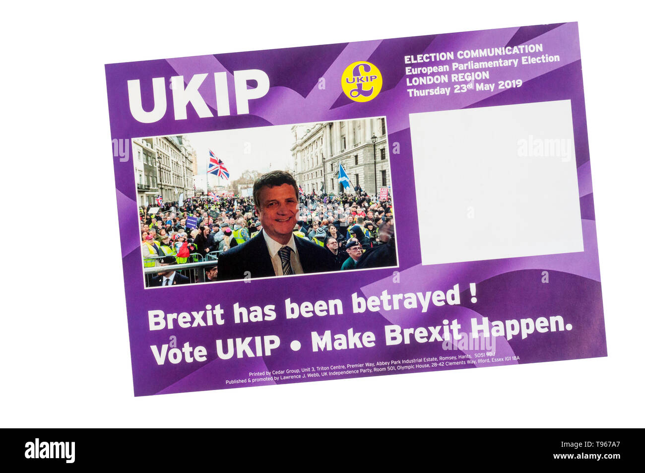 European election leaflet 2019 from UKIP, the United Kingdom Independence Party. Stock Photo