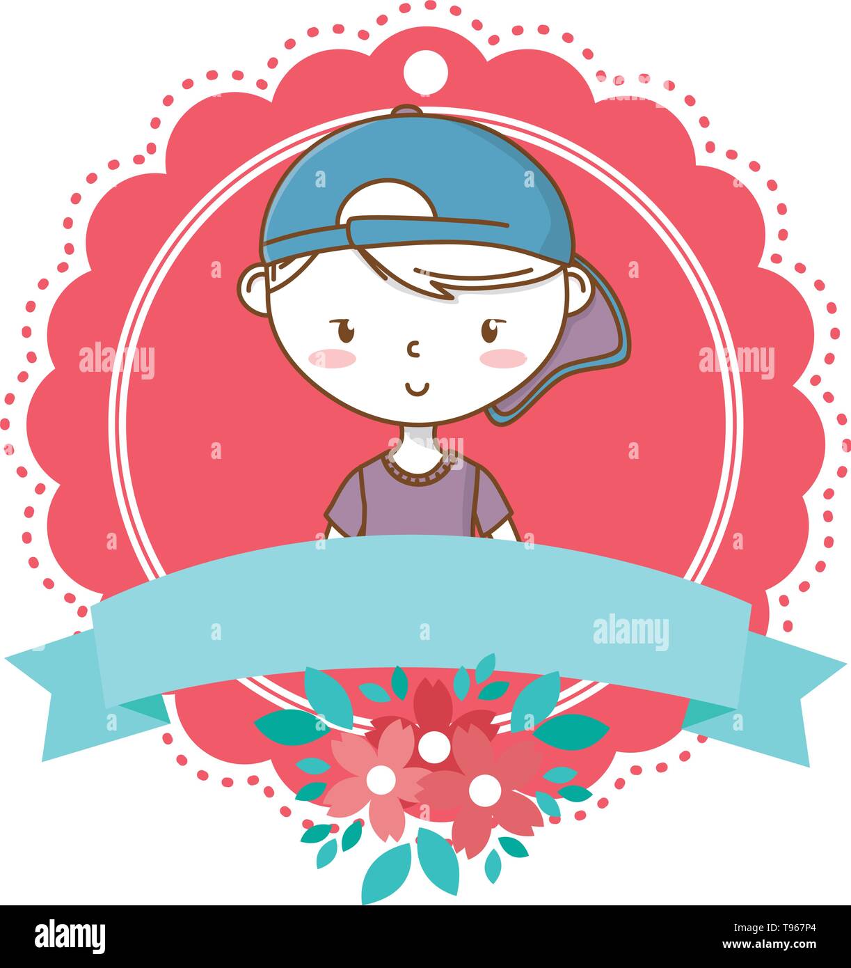 Stylish Boy Blushing Cartoon Outfit Tshirt Backwards Cap Portrait Floral Bloom Frame Ribbon Banner Vector Illustration Graphic Design Stock Vector Image Art Alamy