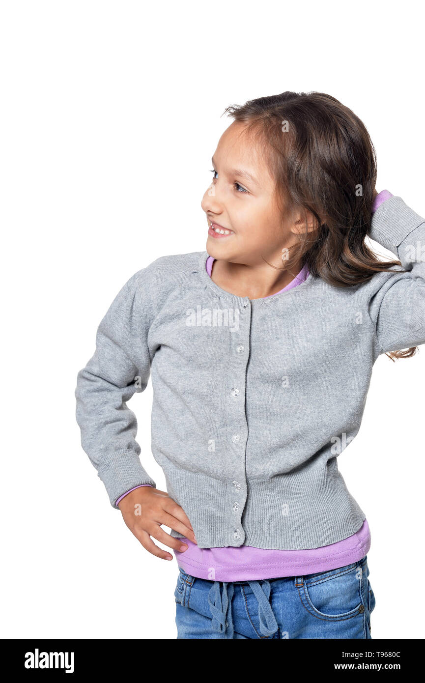 Portrait of cute little girl posing on white background Stock Photo - Alamy