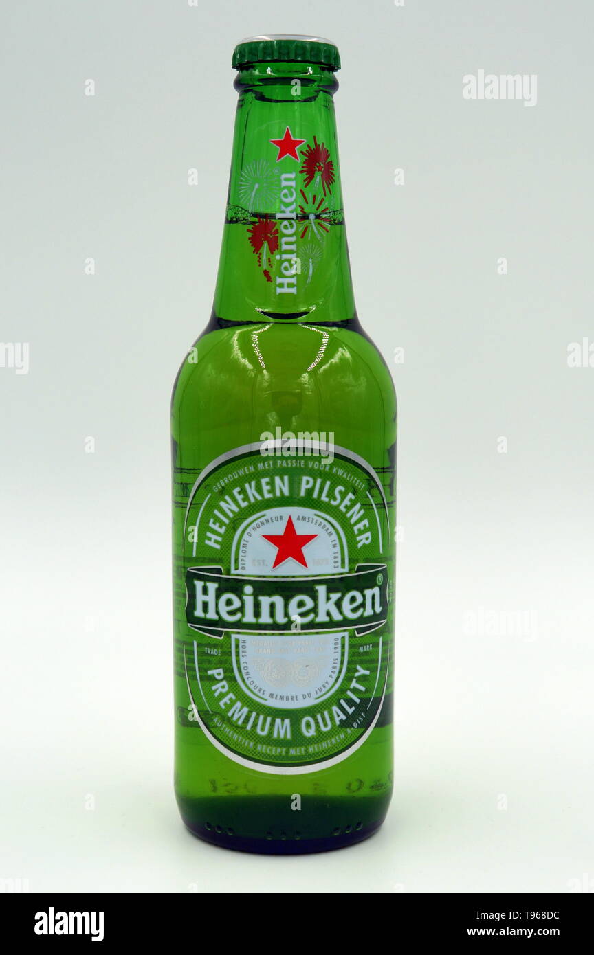 Amsterdam, the Netherlands-  December 10, 2017: Bottle of Heineken premium Lager Beer. Stock Photo
