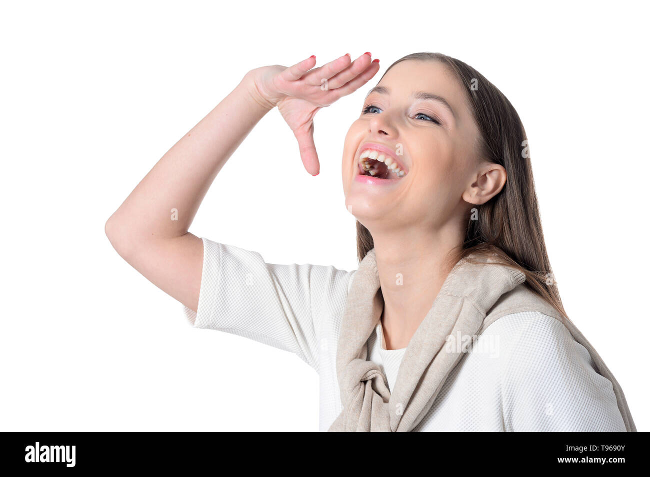 Portrait of beautiful young woman on white background Stock Photo - Alamy