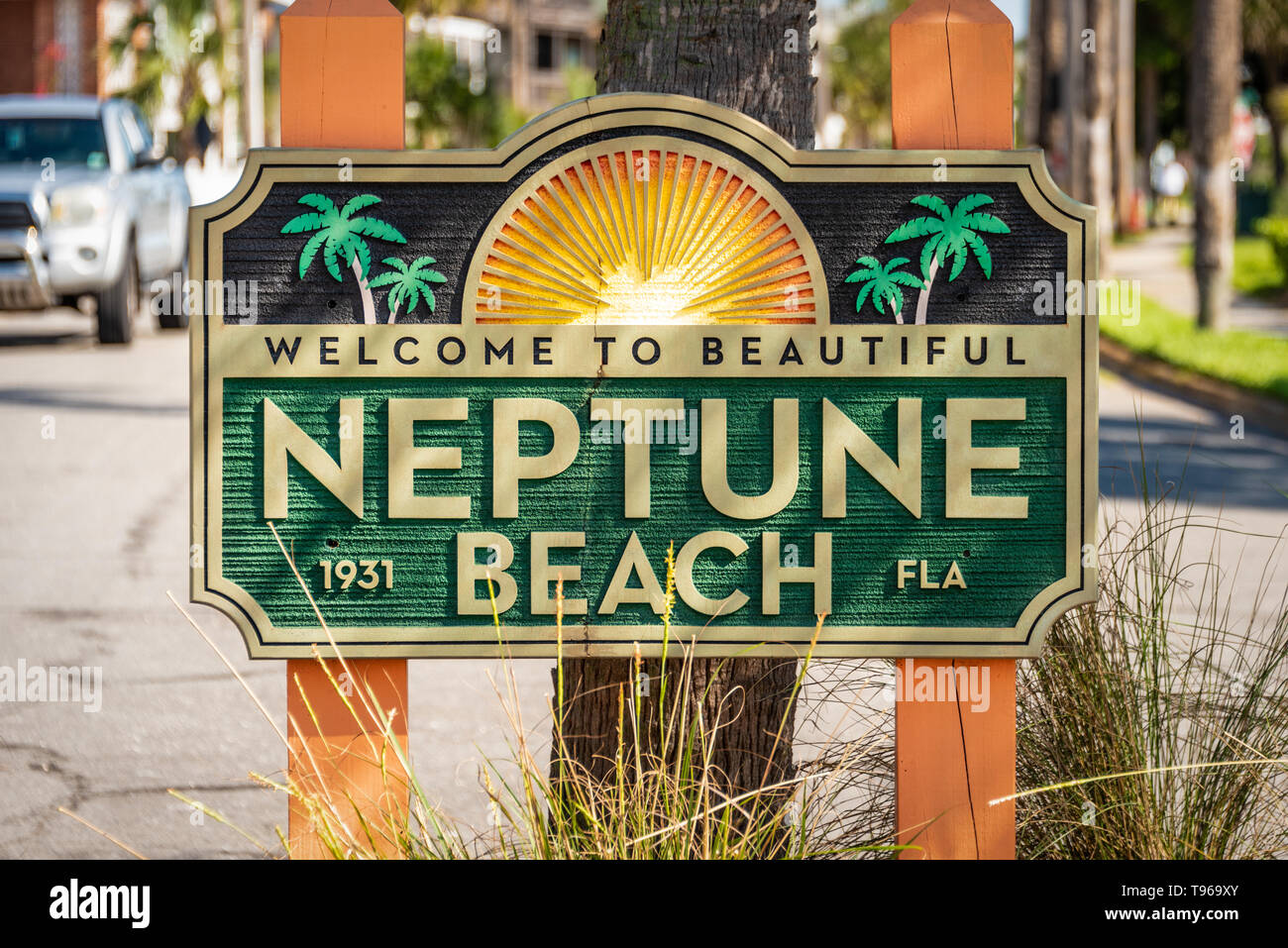 Neptune Beach welcome sign in Northeast Florida, east of Jacksonville. (USA) Stock Photo