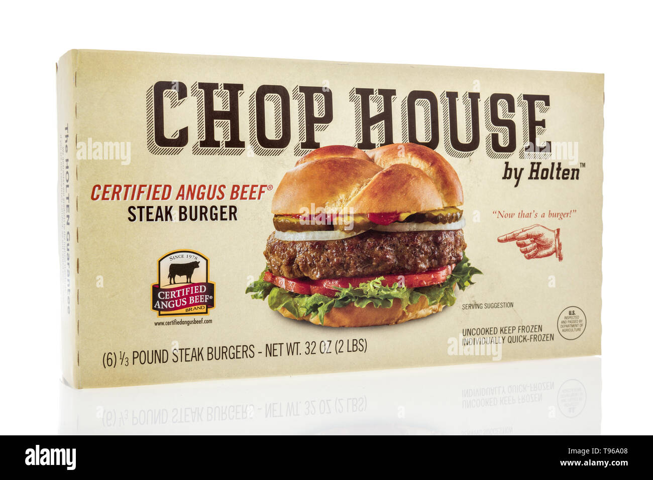 Winneconne, WI - 12 May 2019 : A package of Chop House Angus steak frozen burgers on an isolated background Stock Photo