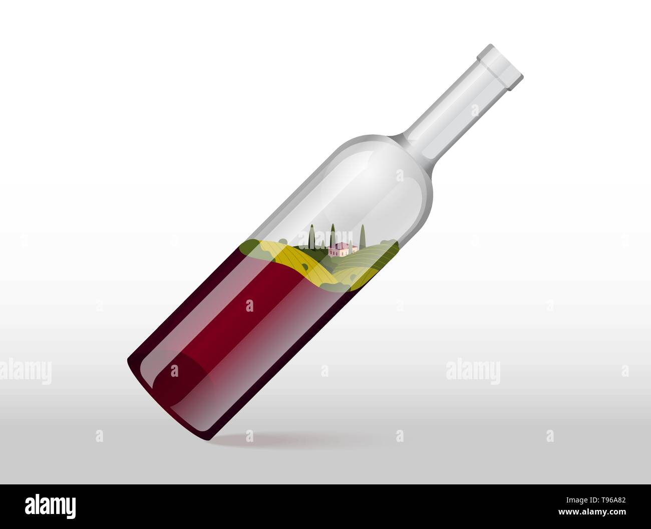 Wine bottle tilted inside splash stylized romantic rural landscape in sunny day with villa, vineyard fields, plantation hills, farms, meadows and tree Stock Vector