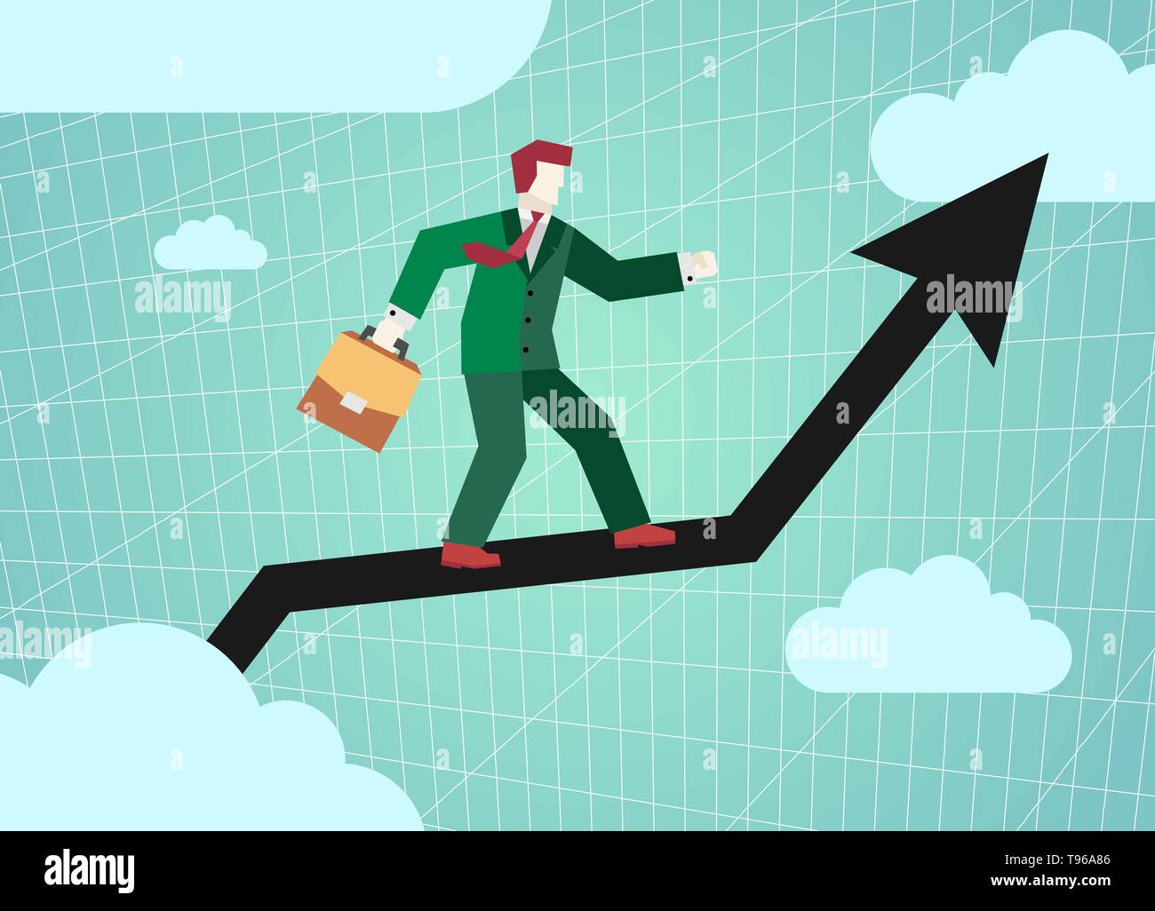 Businessman flying graph black arrow on sky. Financial subordinates business success and development. Concept flat design vector illustration clip art Stock Vector