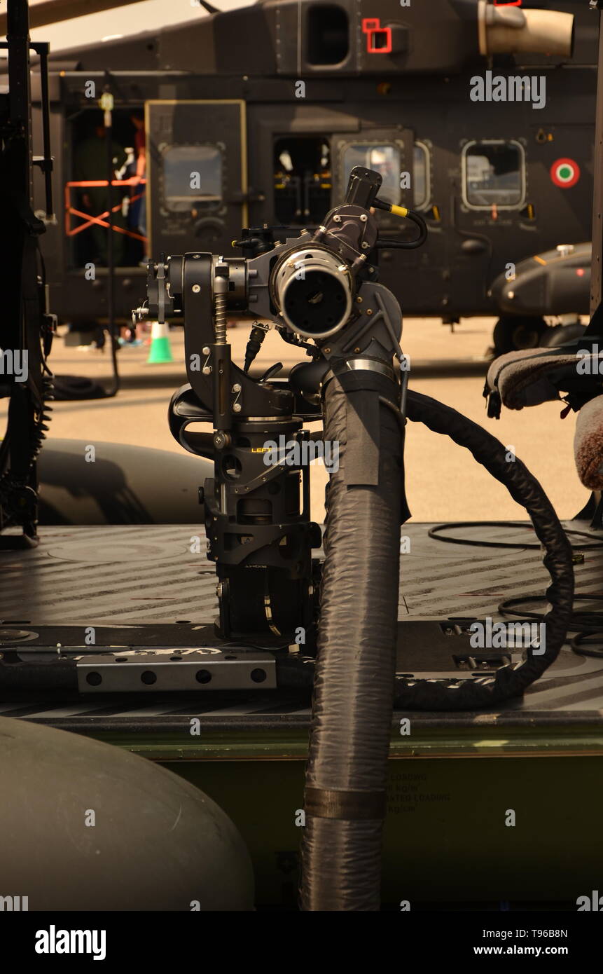 M134 Minigun mounted on combat helicopter Stock Photo