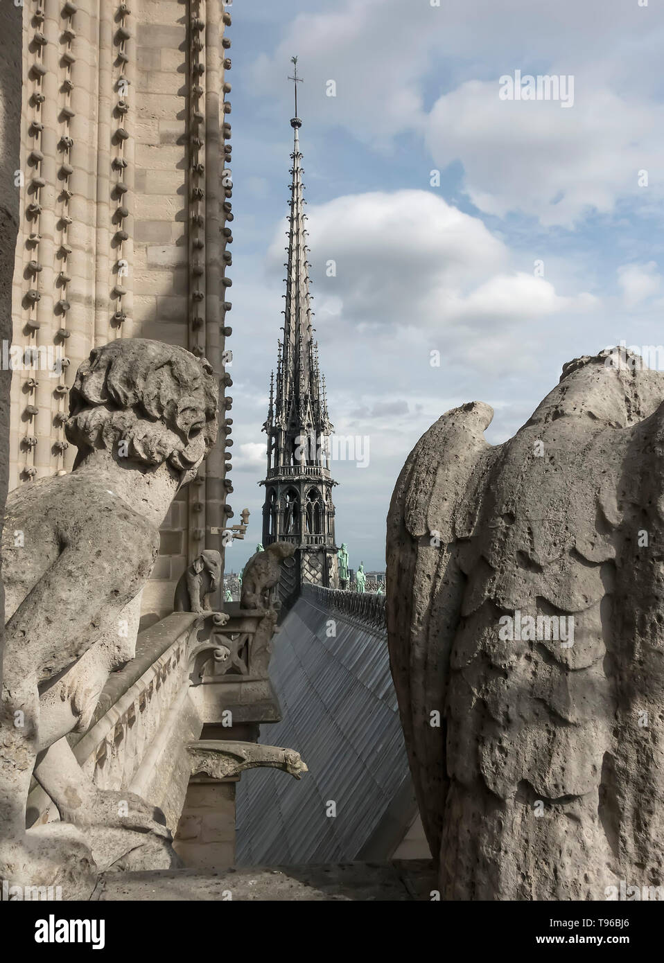 Spire and gargoyles on Notre Dame cathedral, Paris, France Stock Photo