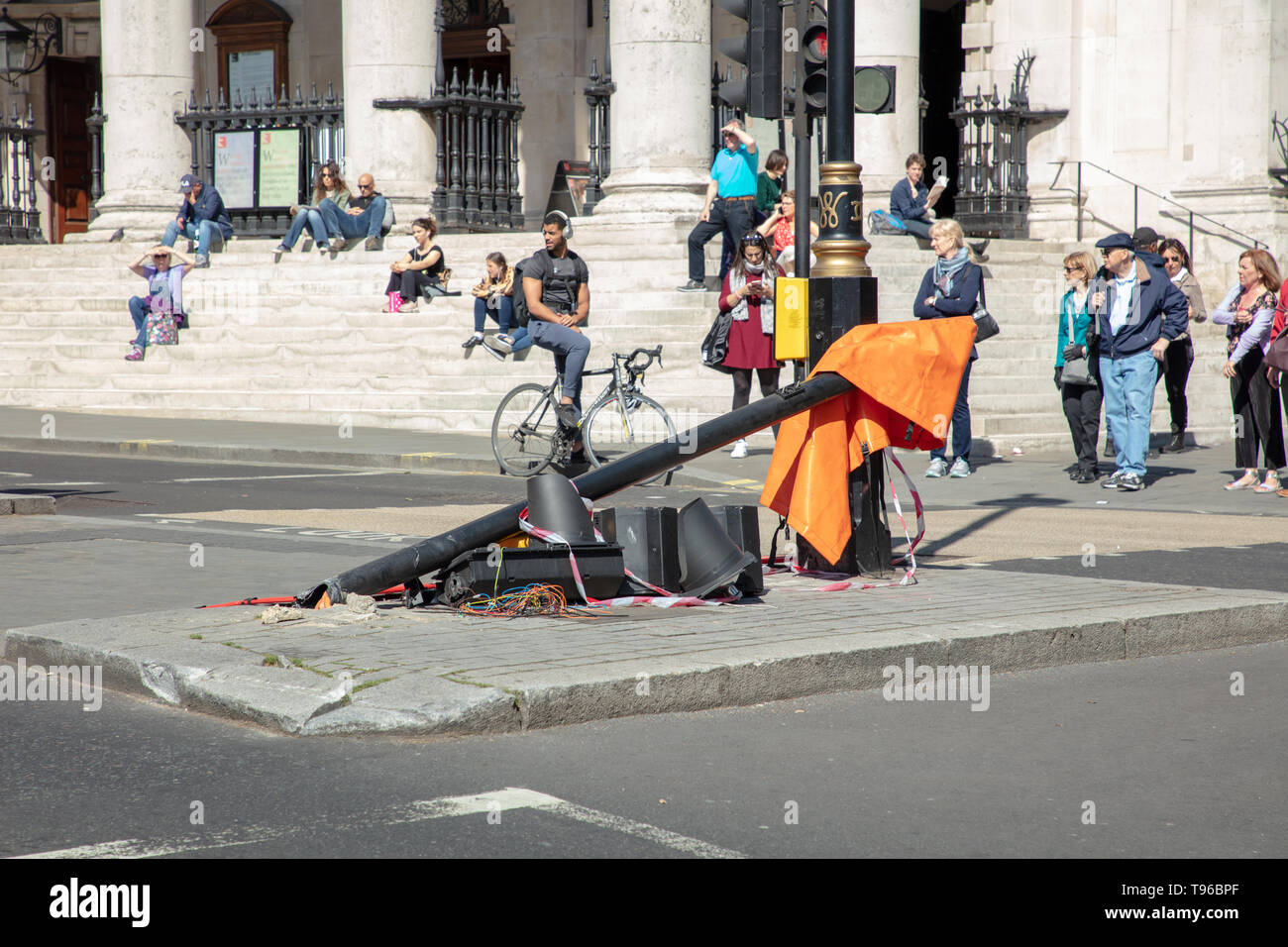 London, UK. 16th May 2019. Traffic and pedestrian road signs knocked