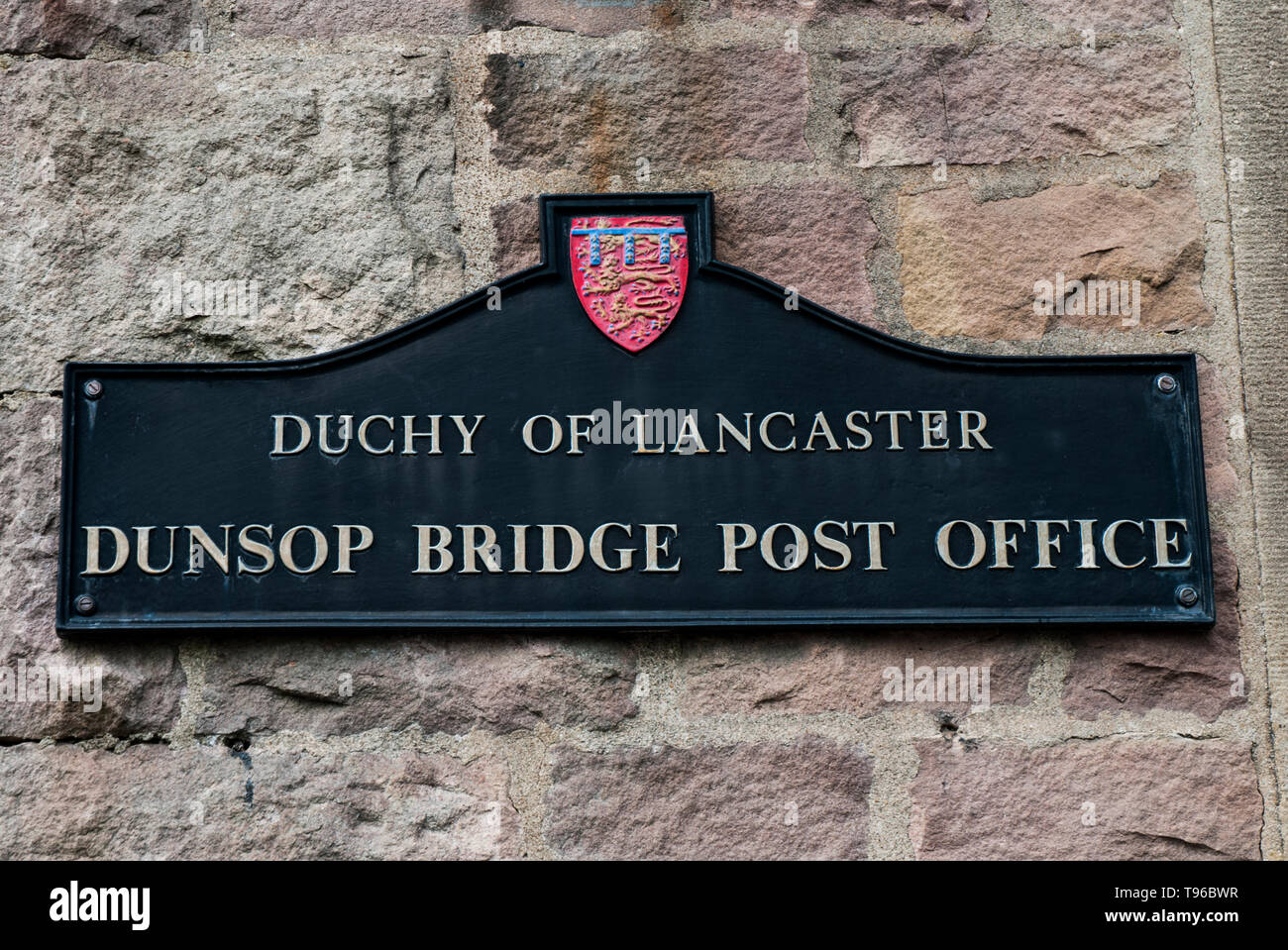 Sign saying Duchy of Lancaster Dunsop Bridge Post Office at Dunsop Bridge Forest of Bowland Lancashire England UK Stock Photo
