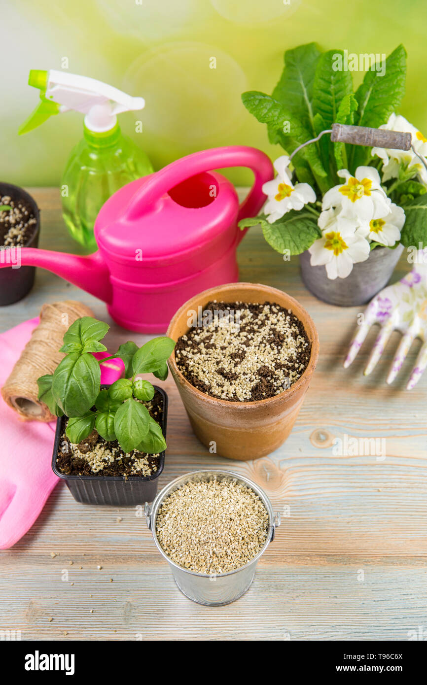 Mixing vermiculite granules pellets with black gardening soil improves