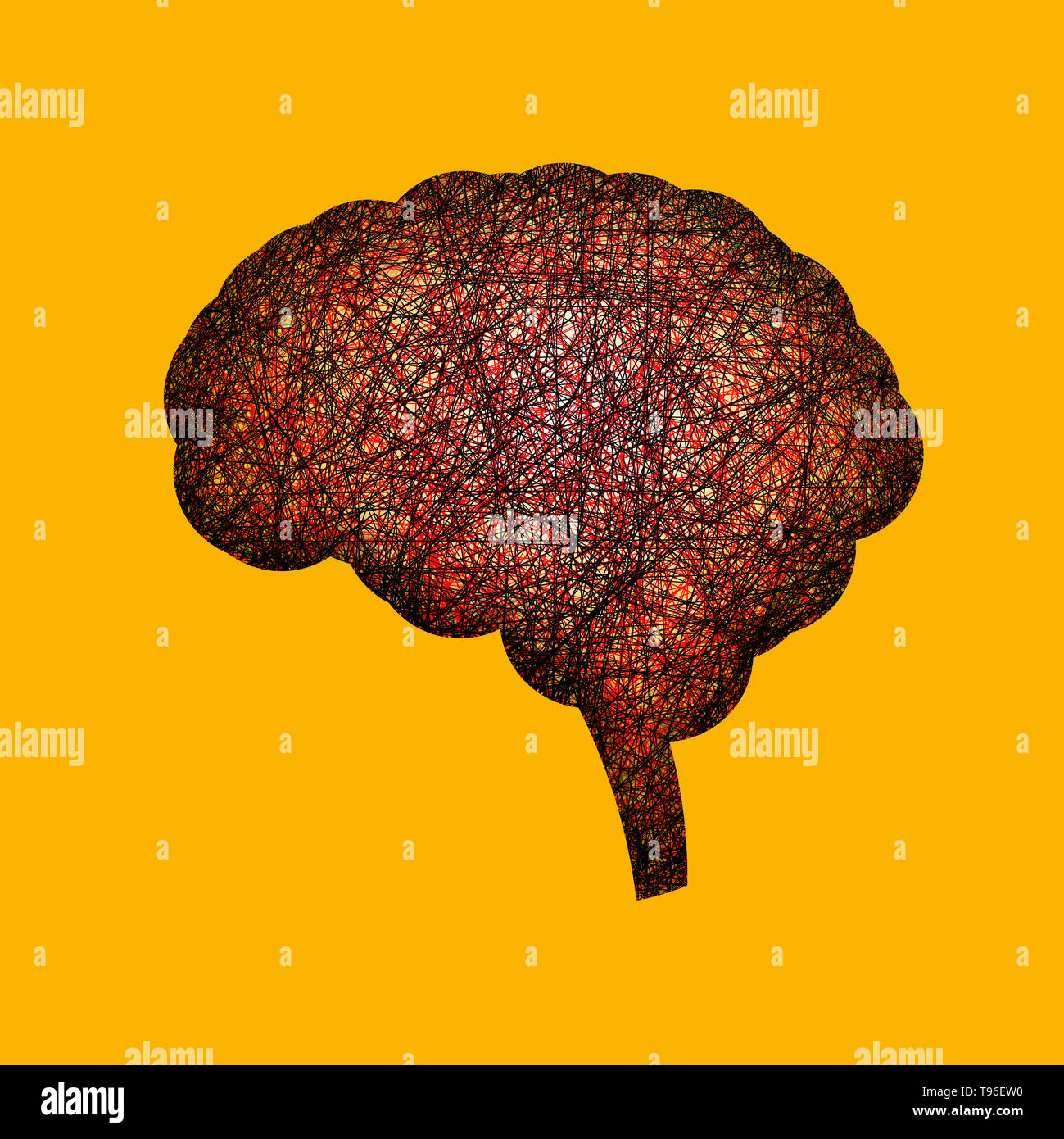Conceptual Concept Brain connected by white and red lines, Connections, network, networking, Interconnected, yellow Background Stock Photo