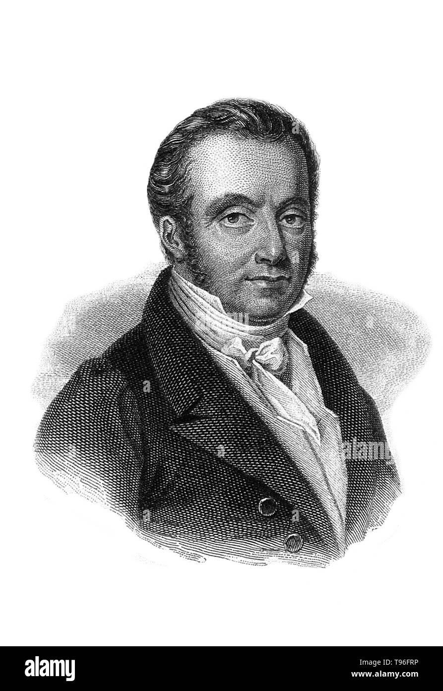 Baron Guillaume Dupuytren (October 5, 1777 - February 8, 1835) was a French anatomist and military surgeon. Although he gained much esteem for treating Napoleon Bonaparte's hemorrhoids, he is best known today for his description of Dupuytren's contracture which is named after him and which he first operated on in 1831 and published in The Lancet in 1834.  He died in 1835 at the age of 57. Line engraving by F. J. Dequevauviller, undated. Stock Photo