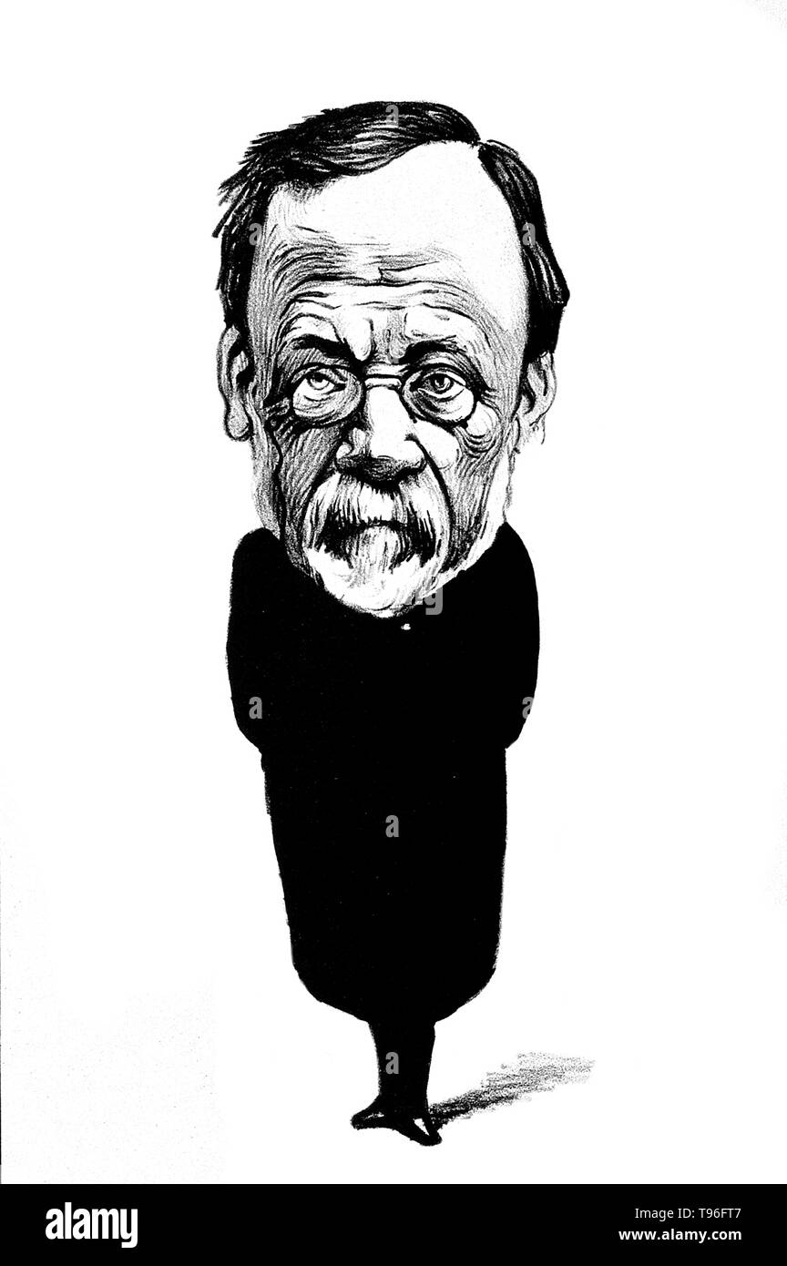 Caricature of Louis Pasteur by Félix Vallotton, 1893. Louis Pasteur (1822 - 1895) was a French chemist and bacteriologist who founded the science of microbiology. Pasture discovered that disease could be caused by bacteria transmitted from person to person (the germ theory of disease). He also developed vaccines for rabies and anthrax. Pasteur also found that lightly heating food and beverages could preserve them from souring. This pasteurization process is now widely used in the food industry. In 1887 he founded the Pasteur Institute. Stock Photo