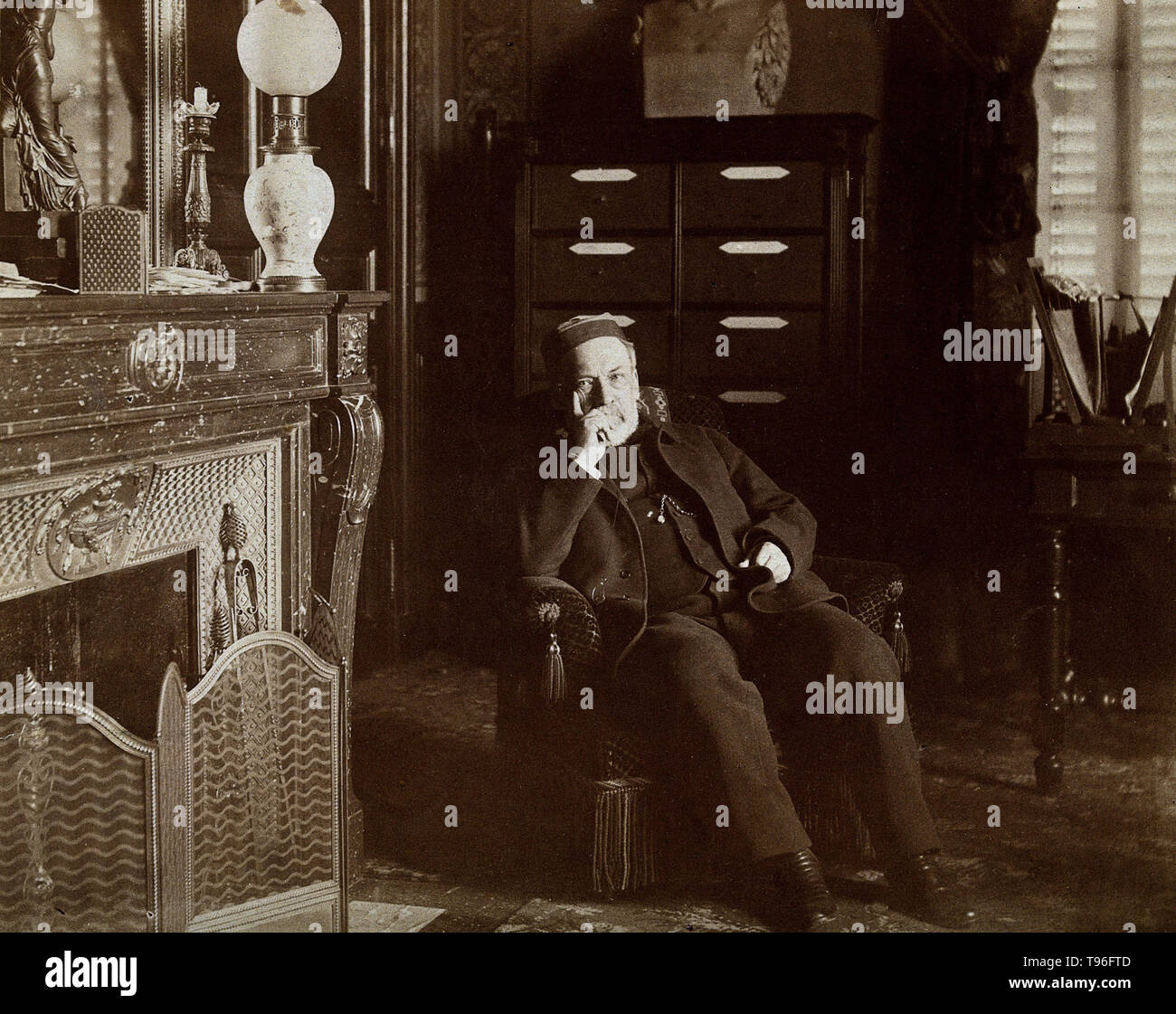 Louis Pasteur in his sitting room. Louis Pasteur (December 27, 1822 - September 28, 1895) was a French chemist and bacteriologist who founded the science of microbiology. Pasture discovered that disease could be caused by bacteria transmitted from person to person (the germ theory of disease). He also developed vaccines for rabies and anthrax. Pasteur also found that lightly heating food and beverages could preserve them from souring.  Undated photograph credited to Dornac et Cie. Stock Photo