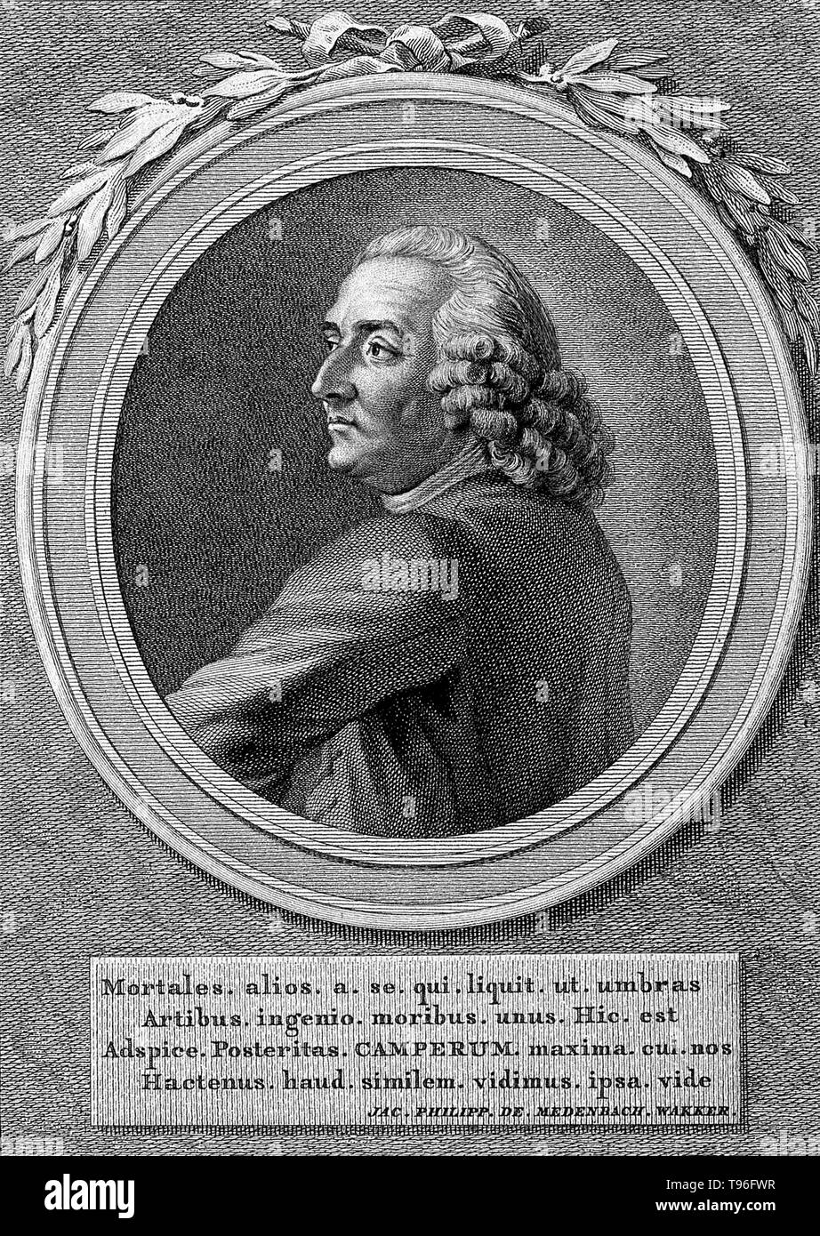 Petrus Camper (May 11, 1722 - April 7, 1789) was a Dutch physician, anatomist, physiologist, midwife, zoologist, anthropologist, paleontologist and a naturalist. He studied the orangutan, the rhinoceros, and the skull of a mosasaur, which he believed was a whale. Line engraving by Reinier Vinkeles and C. Bogerts, 1792, after Jacobus Buys. Stock Photo