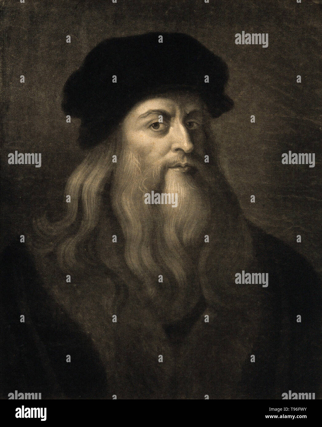 Leonardo di ser Piero da Vinci (April 15, 1452 - May 2, 1519) was an Italian Renaissance polymath: painter, sculptor, architect, musician, mathematician, engineer, inventor, anatomist, geologist, cartographer, botanist, and writer. His genius, perhaps more than that of any other figure, epitomized the Renaissance humanist ideal, often been described as the archetype of the Renaissance Man. Mezzotint by C. Townley, 1777, after himself. Stock Photo