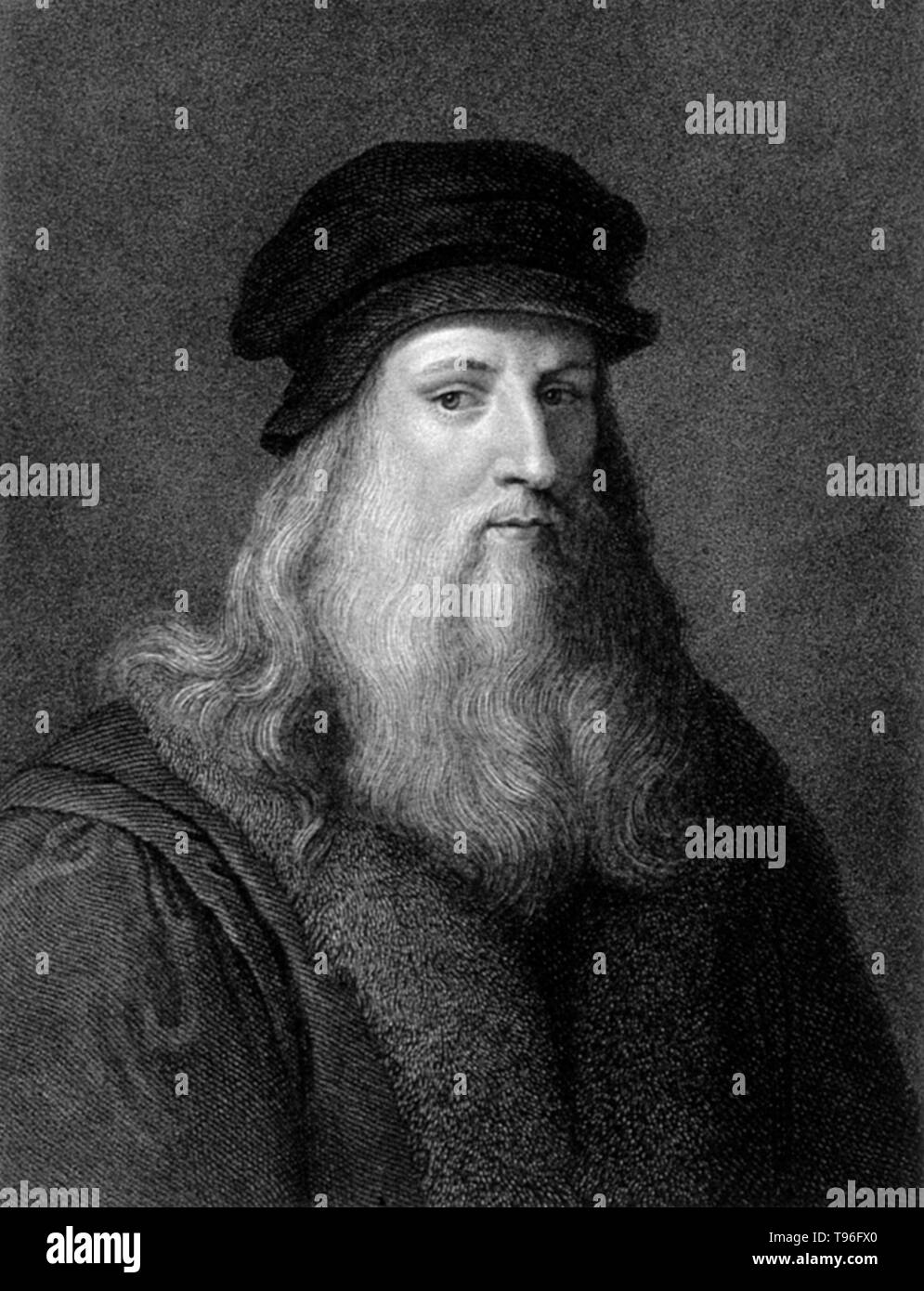 Leonardo di ser Piero da Vinci (April 15, 1452 - May 2, 1519) was an Italian Renaissance polymath: painter, sculptor, architect, musician, mathematician, engineer, inventor, anatomist, geologist, cartographer, botanist, and writer. His genius, perhaps more than that of any other figure, epitomized the Renaissance humanist ideal, often been described as the archetype of the Renaissance Man.. Line engraving by C. Warren, 1824. Stock Photo